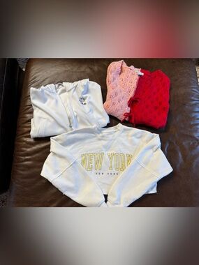 Bundle of Zara Cream/New York Graphic Sweatshirt with Pink and Red Knit Tops